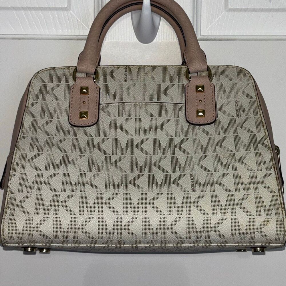 Michael Kors MK Sandrine Studded satchel purse bag pink logo gold xbody leather - Picture 6 of 11